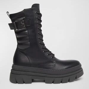 NeroGiardini Black Leather Mid-Calf Combat Boots  Made in Italy Size 38